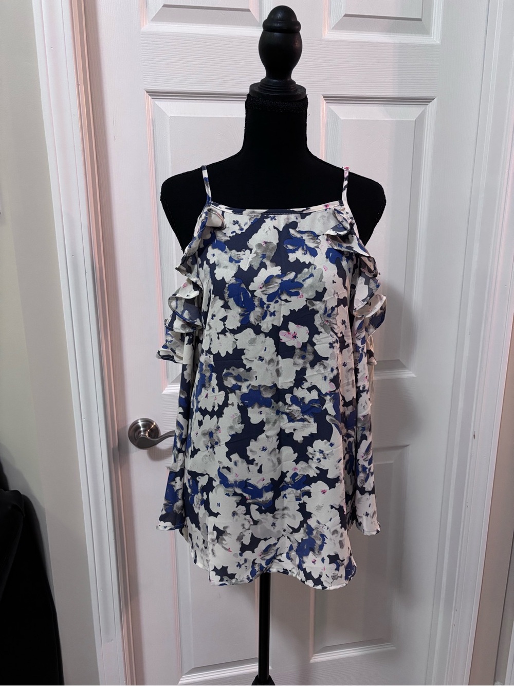 Navy and White Floral Cold-Shoulder Top